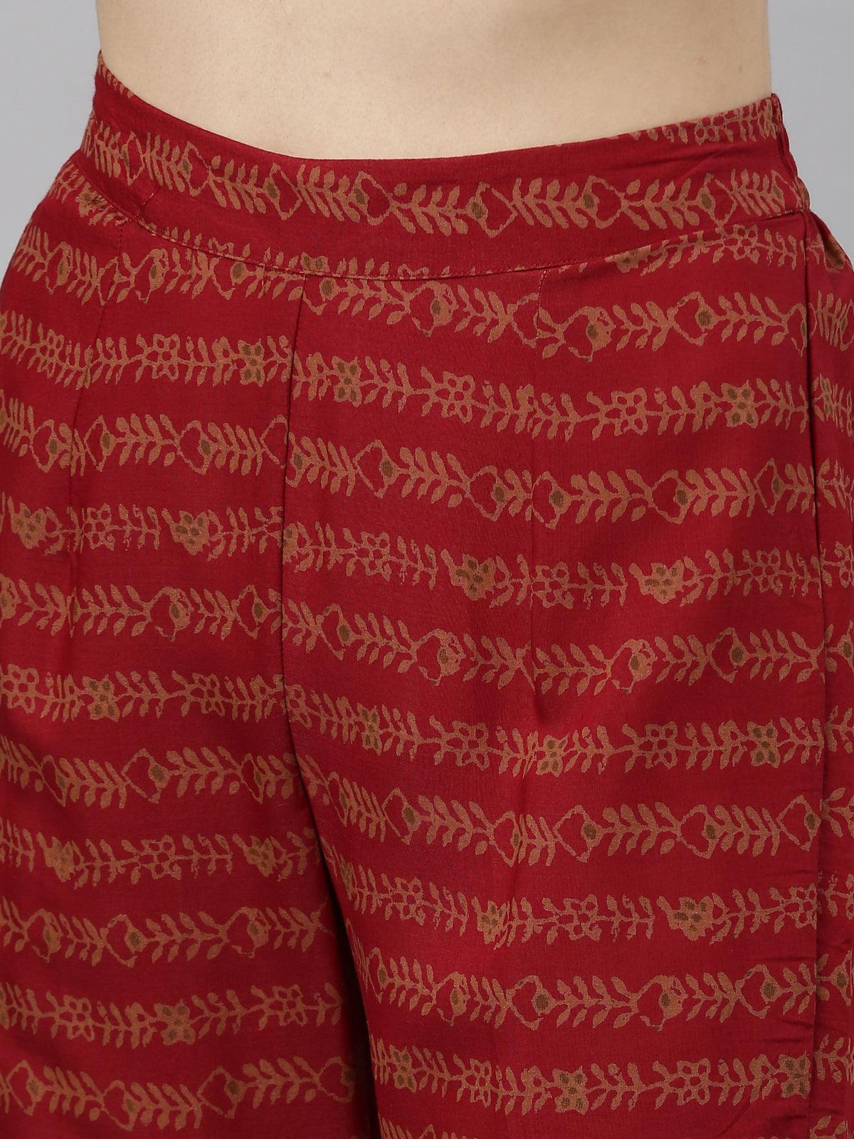 Maroon Printed Cotton Silk Kurta Pant Set for Women from samhitas apparel