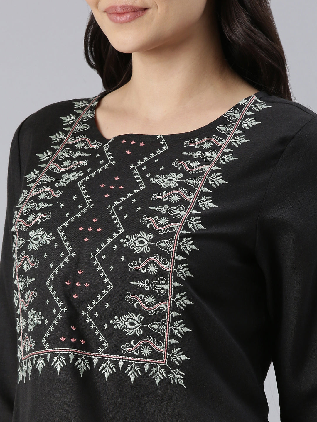 Elegant Embroidered Cotton Blend Straight Full Black Kurta for women from samhitas