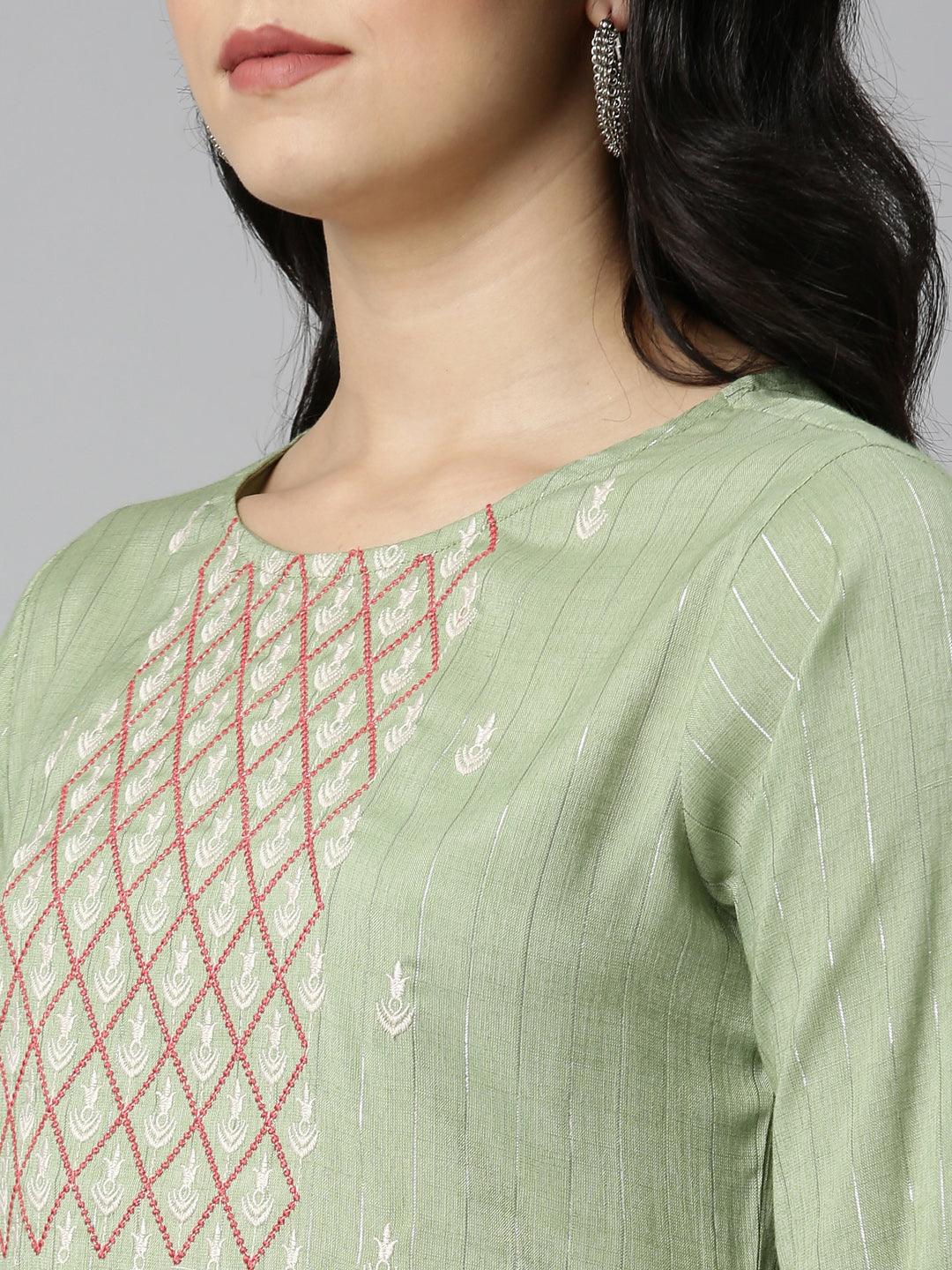 closeup shot of Pista Striped Cotton Blend A-line Kurta from samhitas apparel