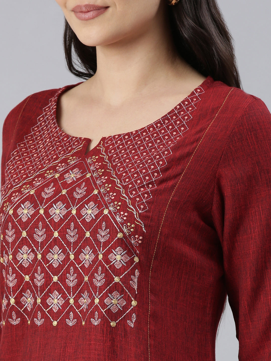 Women Embroidered Viscose Rayon A-line Kurta (Maroon) - Samhitas Apparel