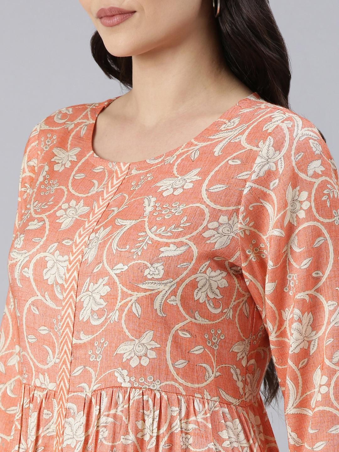 Women's Orange Floral Print Viscose Rayon Flared Kurta from samhitas apparel