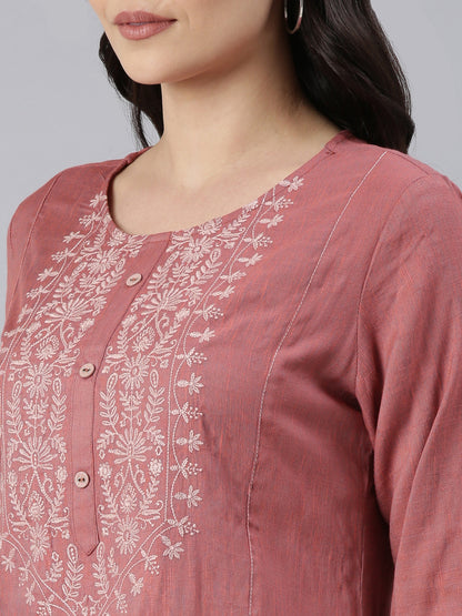 Women's Embroidered Eros Pink Viscose Rayon A-line Kurta from samhitas apparel