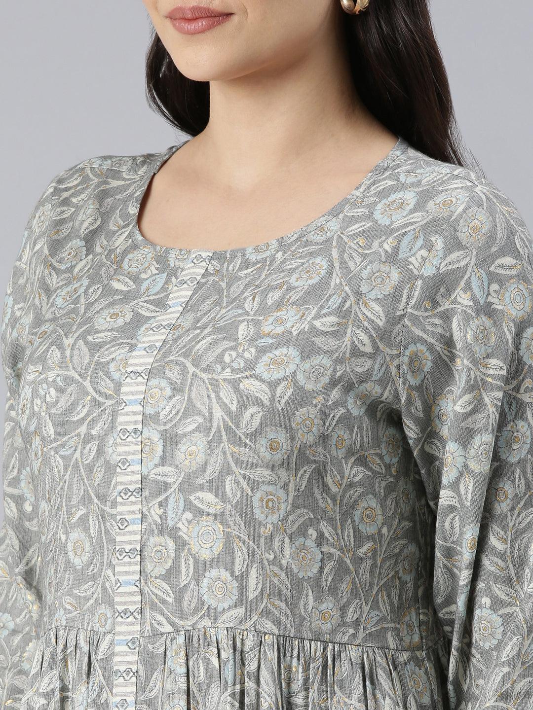 Grey Floral Printed A-Line Kurta for women from samhitas apparel