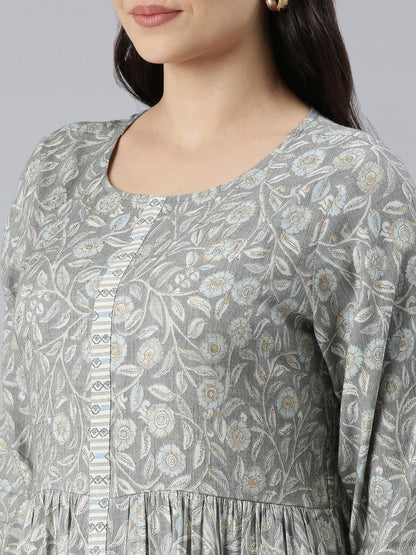 Women Printed Viscose Rayon A-line Kurta (Grey) - Samhitas Apparel