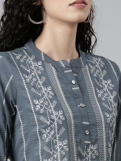 Grey Striped Cotton Silk Straight Kurta for Women from samhitas apparel