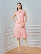 Pastel Pink Kurta with Long Pointed Collar & False Button