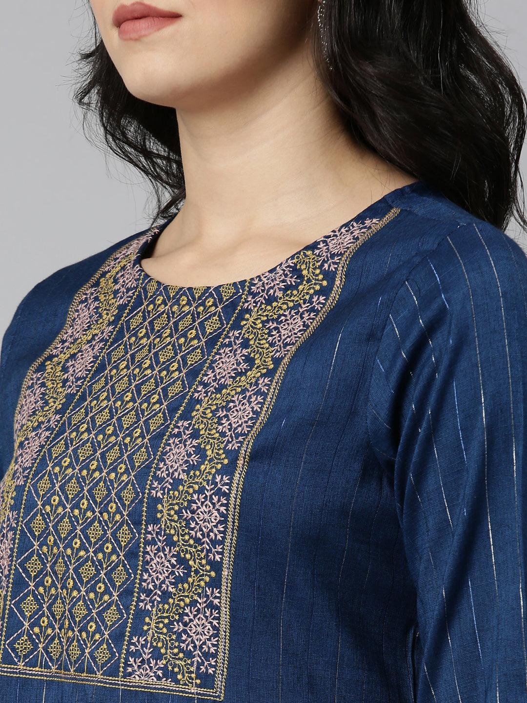 Elegant gold-threaded embroidery on a women's blue striped kurta