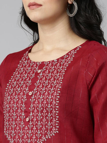 Maroon Striped Cotton Blend A-line Kurta for Women from samhitas apparel