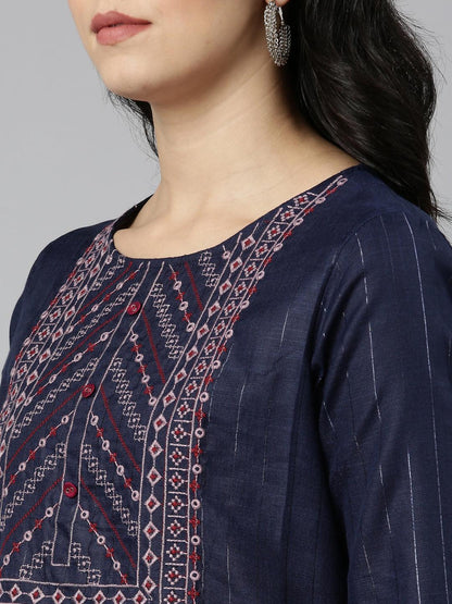 Navy Blue Striped Cotton Blend A-line Kurta for Women from samhitas apparel