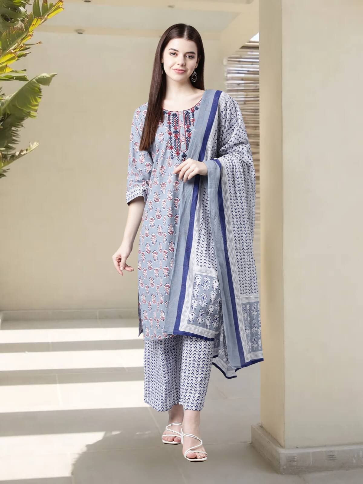 Stylish Powder Blue Pure Cotton Kurta Palazzo Sets