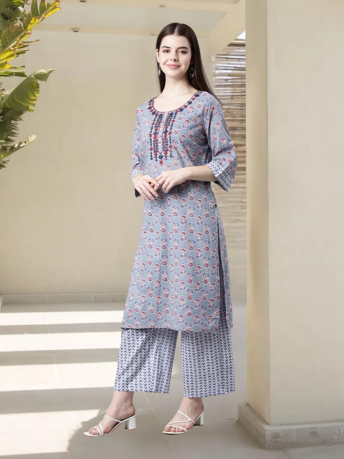 Stylish Powder Blue Pure Cotton Kurta Palazzo Sets