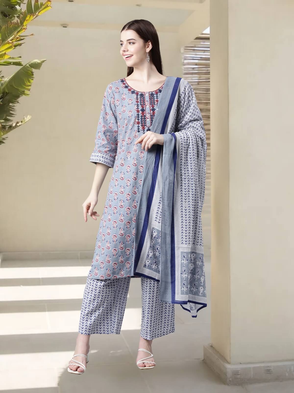 Stylish Powder Blue Pure Cotton Kurta Palazzo Sets