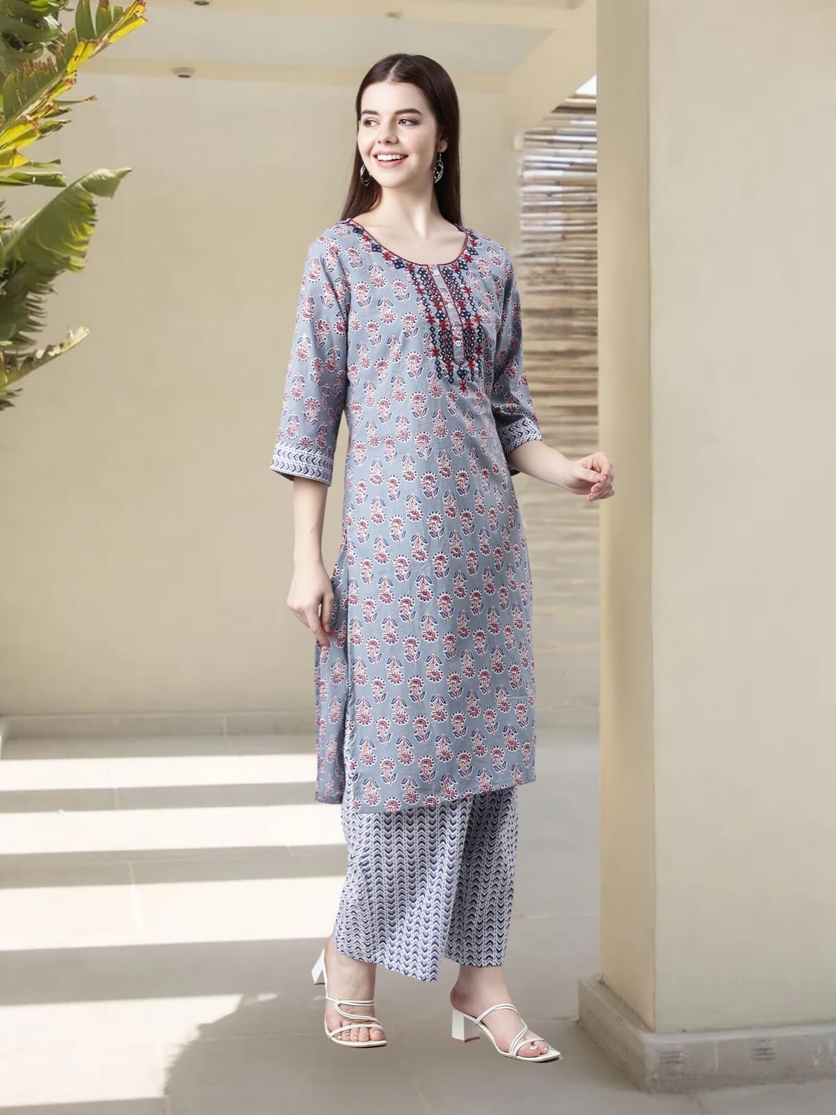 Stylish Powder Blue Pure Cotton Kurta Palazzo Sets