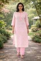 Rayon Printed Straight Kurta Pant Set- Light Pink