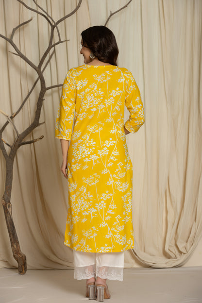 Yellow Color Kurta Set With White Abstract Print