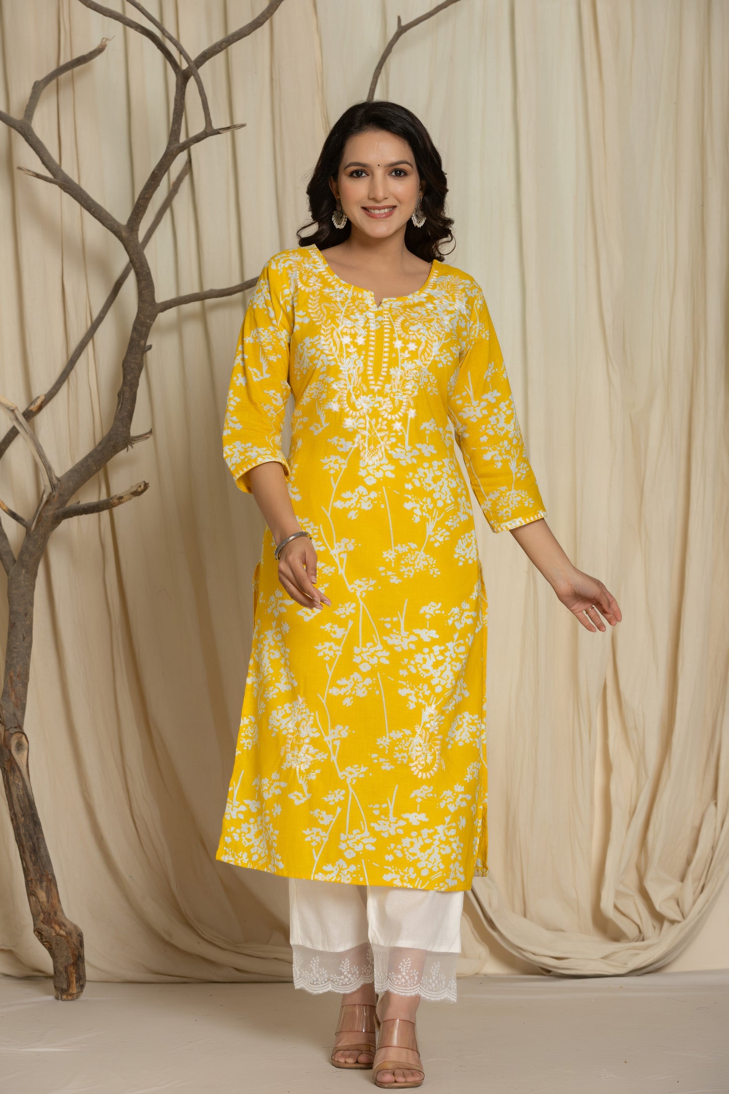 Yellow Color Kurta Set With White Abstract Print