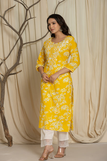 Yellow Color Kurta Set With White Abstract Print