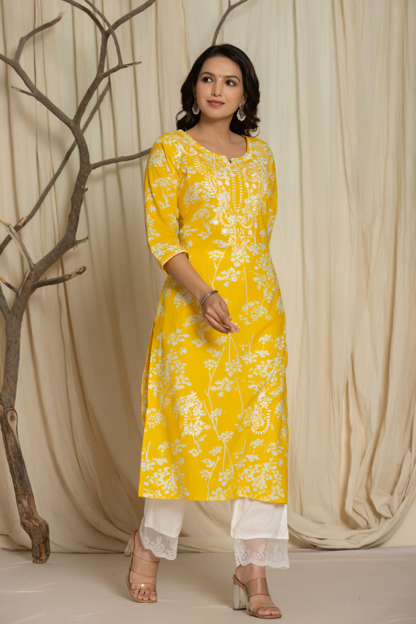 Yellow Color Kurta Set With White Abstract Print