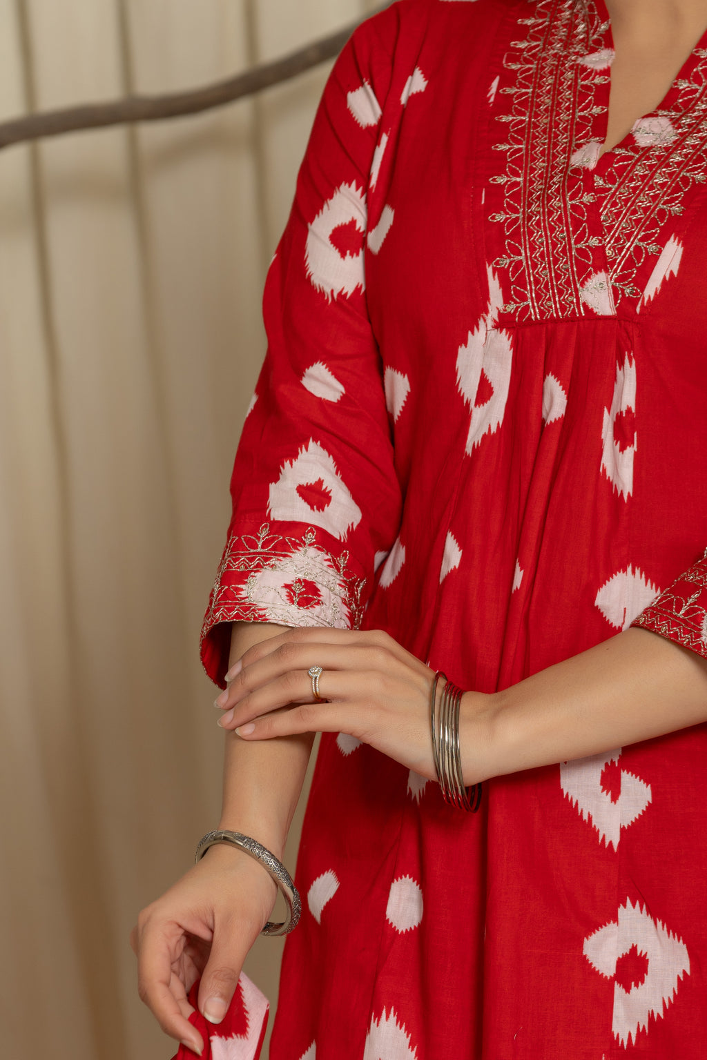 Beautiful Pink Prosin Print Suit Set with Lace At Neck