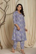 Lavender Cotton Printed A Line Cord set for Women