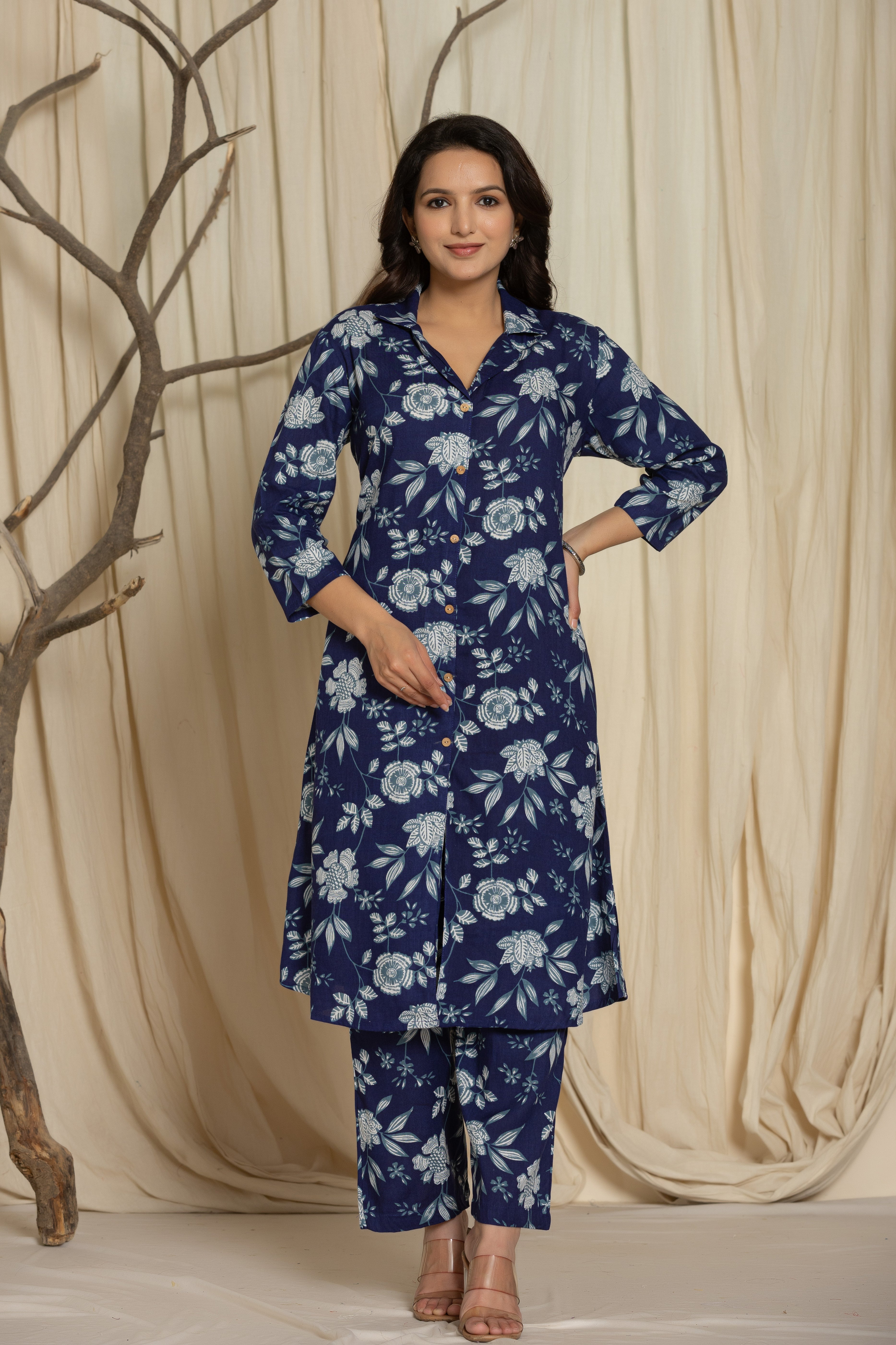 Indigo Cotton Printed A Line Cord Set for Women