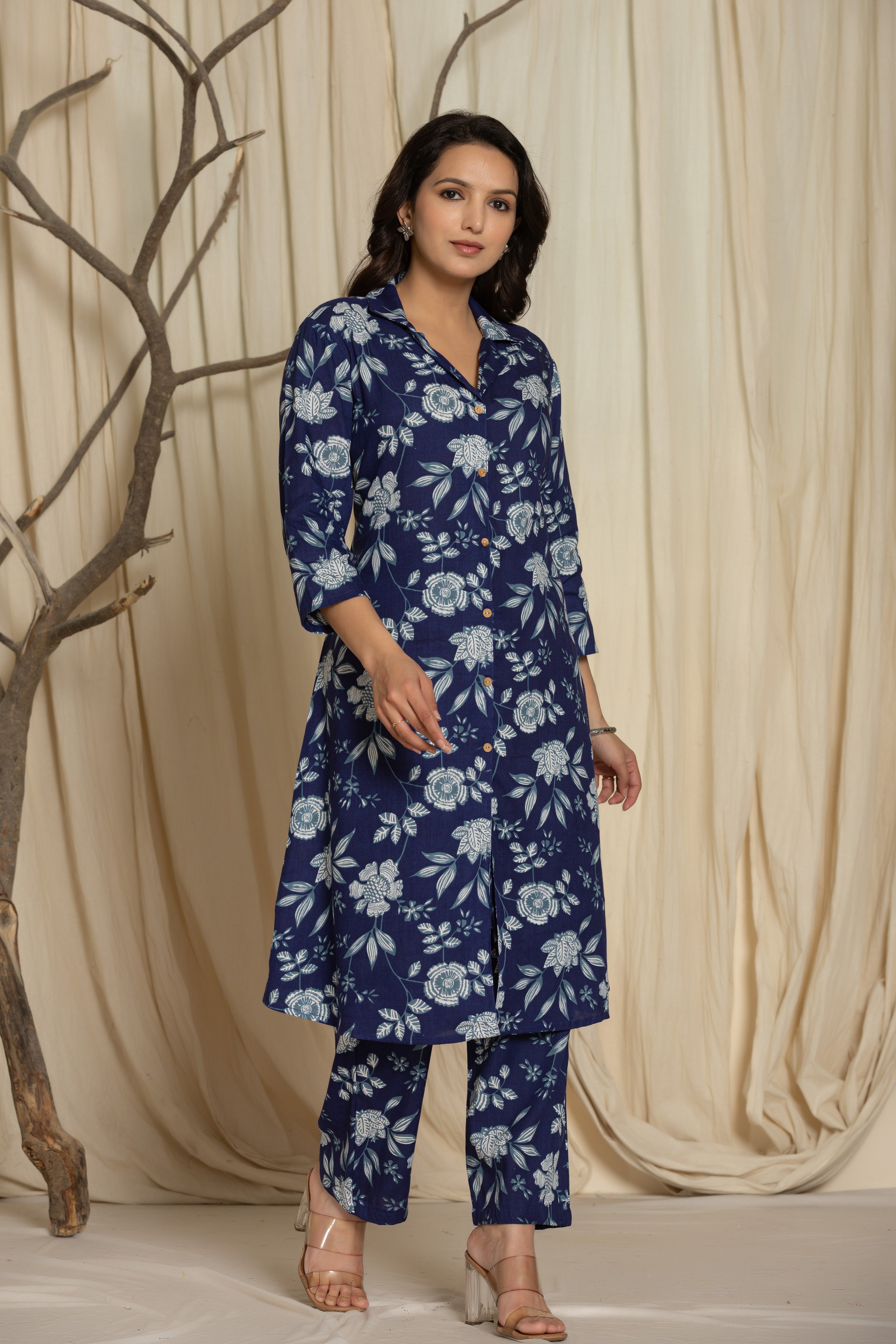 Indigo Cotton Printed A Line Cord Set for Women