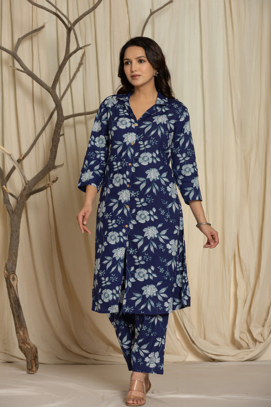 Indigo Cotton Printed A Line Cord Set for Women