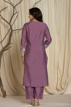 Royal Violet Roman Silk Suit Set With Beautiful Mirror And Thread Embroidery