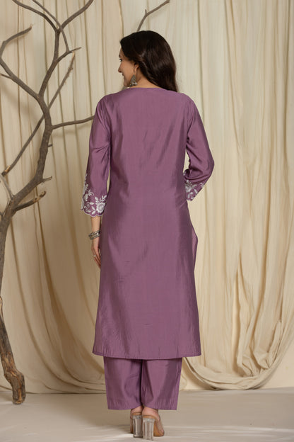Royal Violet Roman Silk Suit Set With Beautiful Mirror And Thread Embroidery
