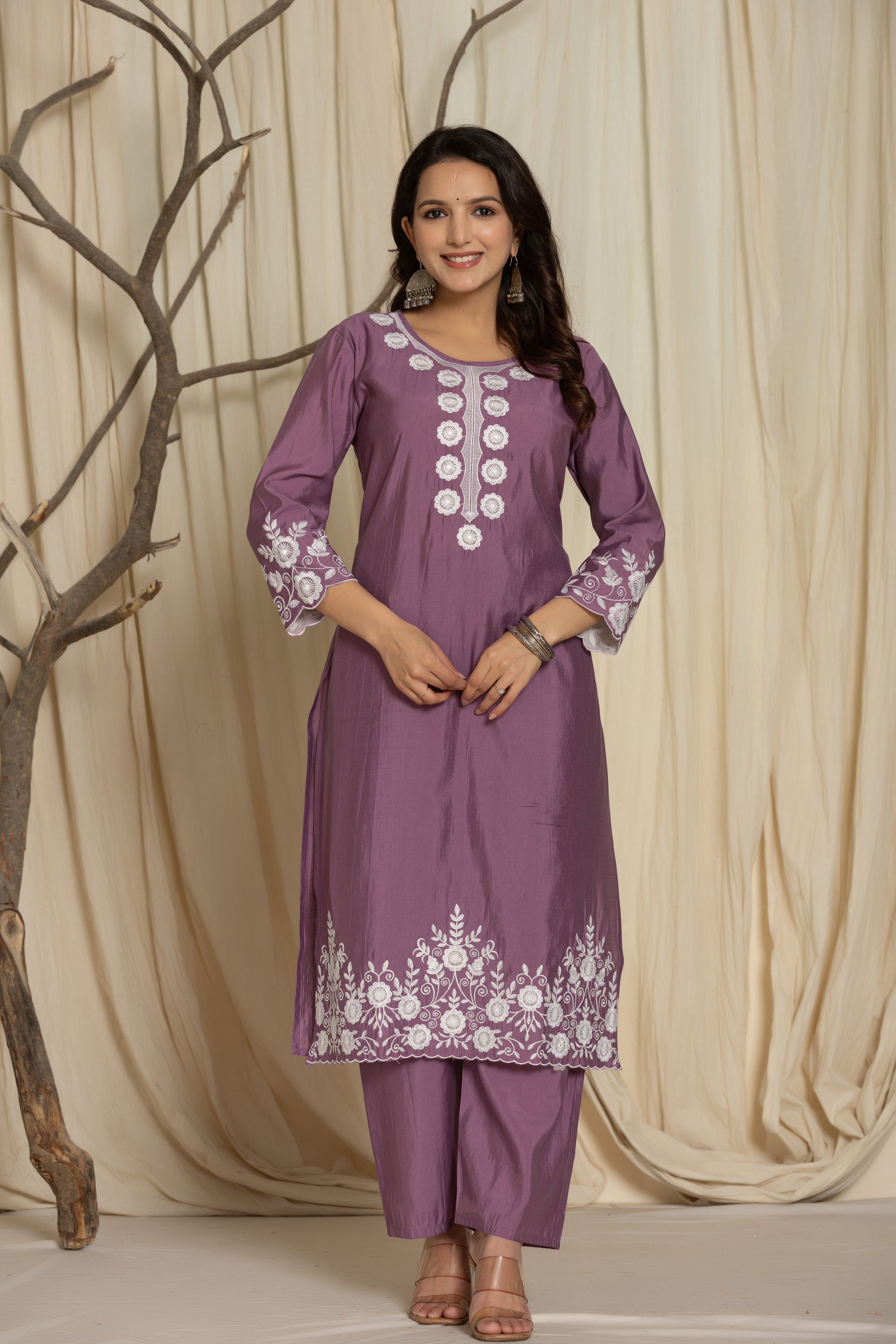 Royal Violet Roman Silk Suit Set With Beautiful Mirror And Thread Embroidery