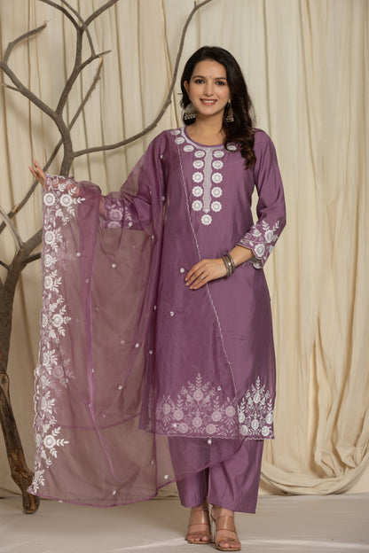 Royal Violet Roman Silk Suit Set With Beautiful Mirror And Thread Embroidery