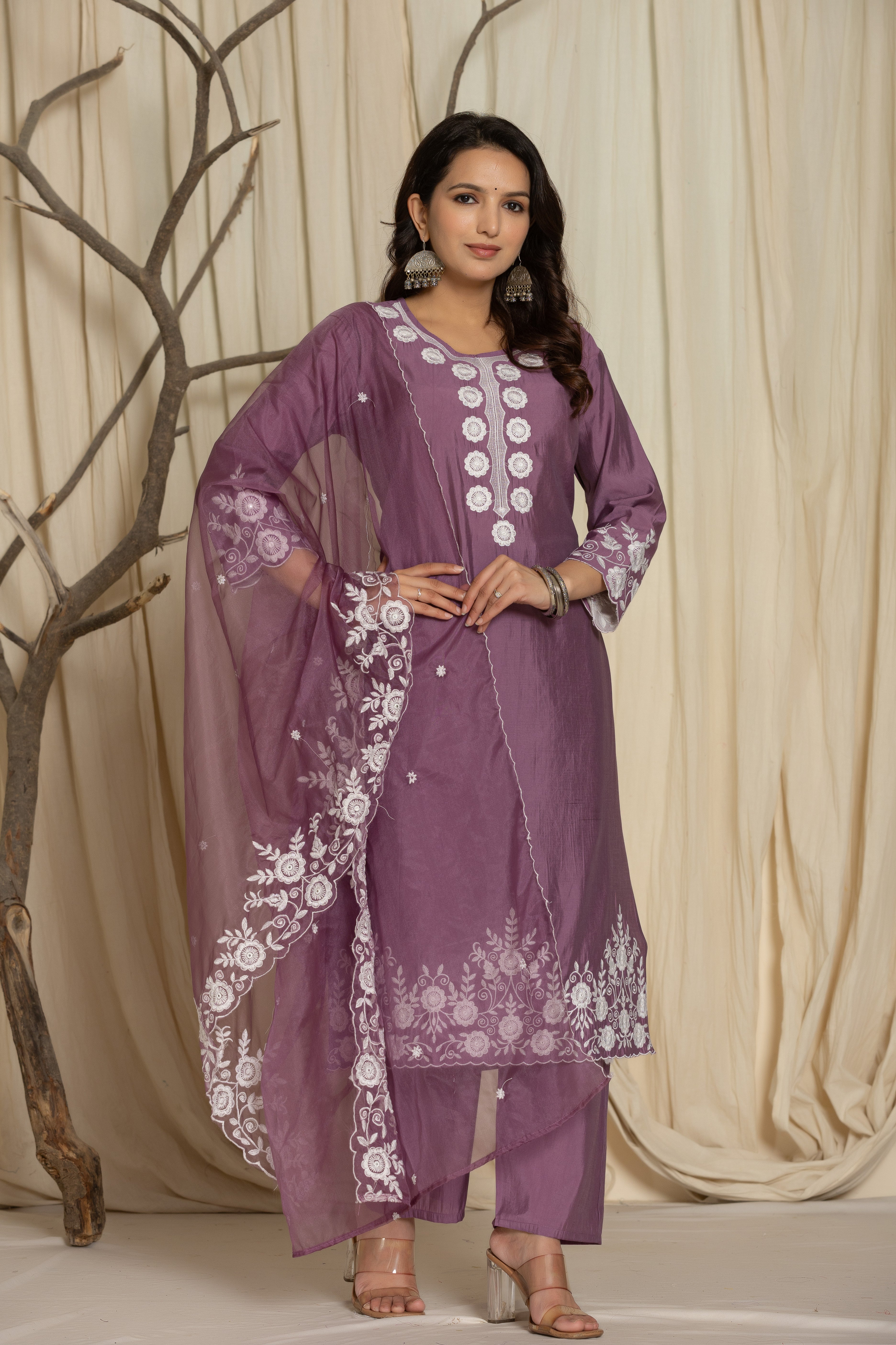 Royal Violet Roman Silk Suit Set With Beautiful Mirror And Thread Embroidery