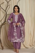 Royal Violet Roman Silk Suit Set With Beautiful Mirror And Thread Embroidery