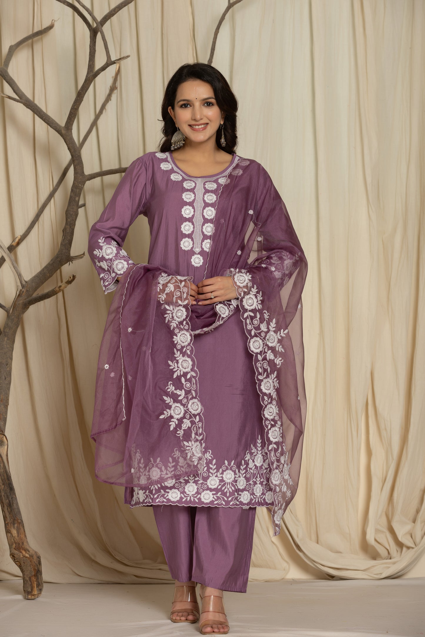 Royal Violet Roman Silk Suit Set With Beautiful Mirror And Thread Embroidery
