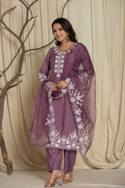 Royal Violet Roman Silk Suit Set With Beautiful Mirror And Thread Embroidery