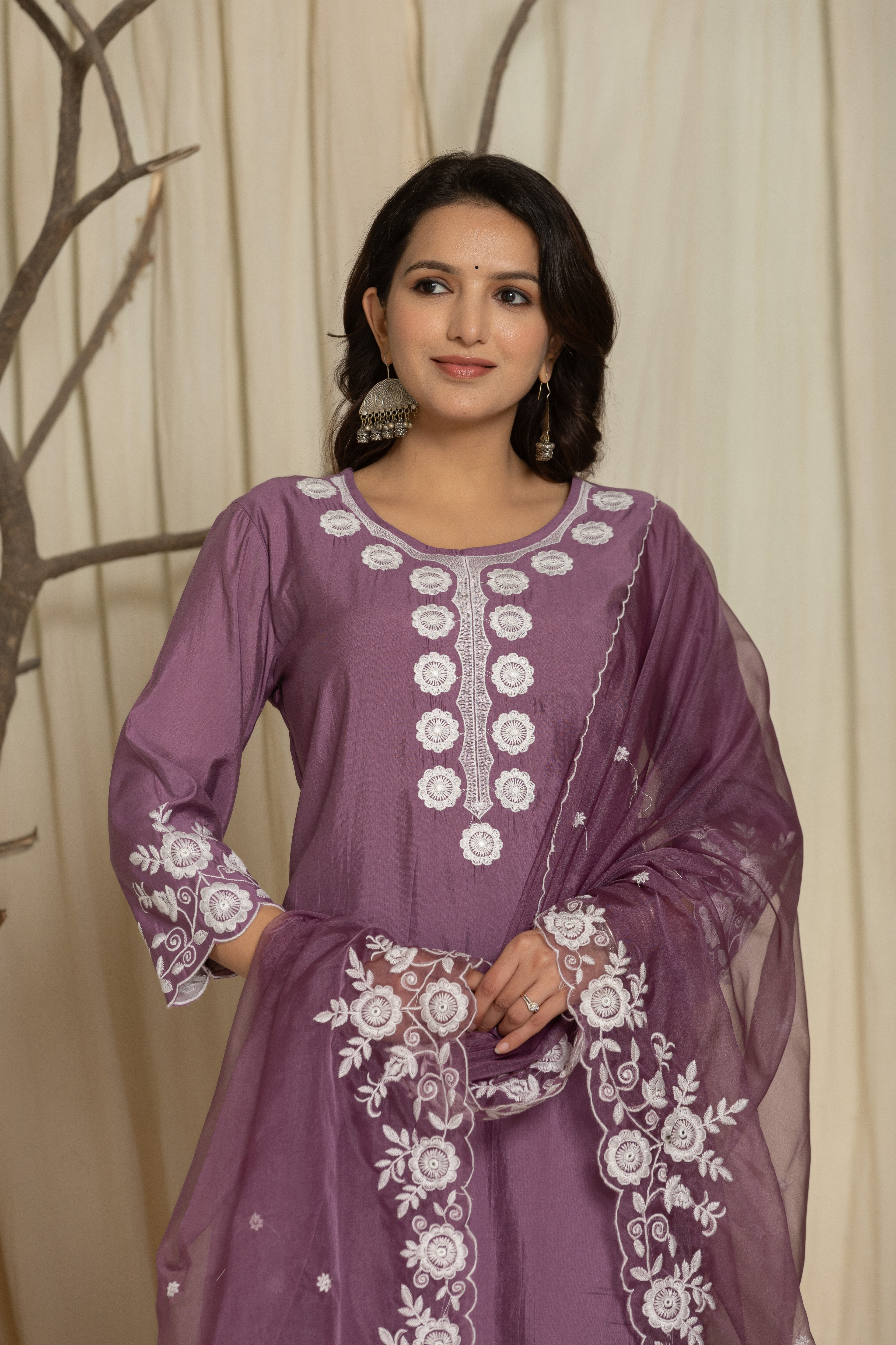 Royal Violet Roman Silk Suit Set With Beautiful Mirror And Thread Embroidery