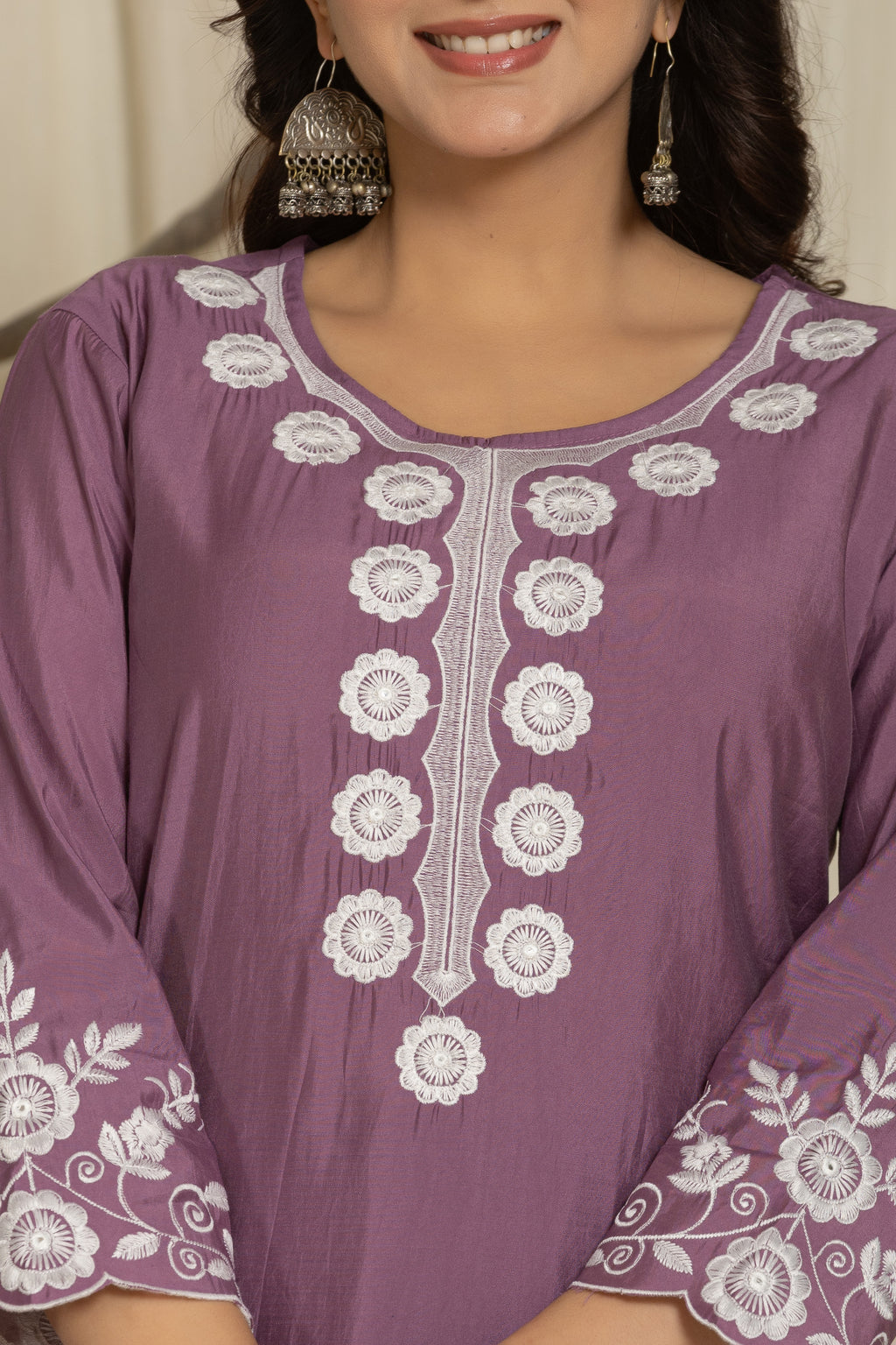 Royal Violet Roman Silk Suit Set With Beautiful Mirror And Thread Embroidery