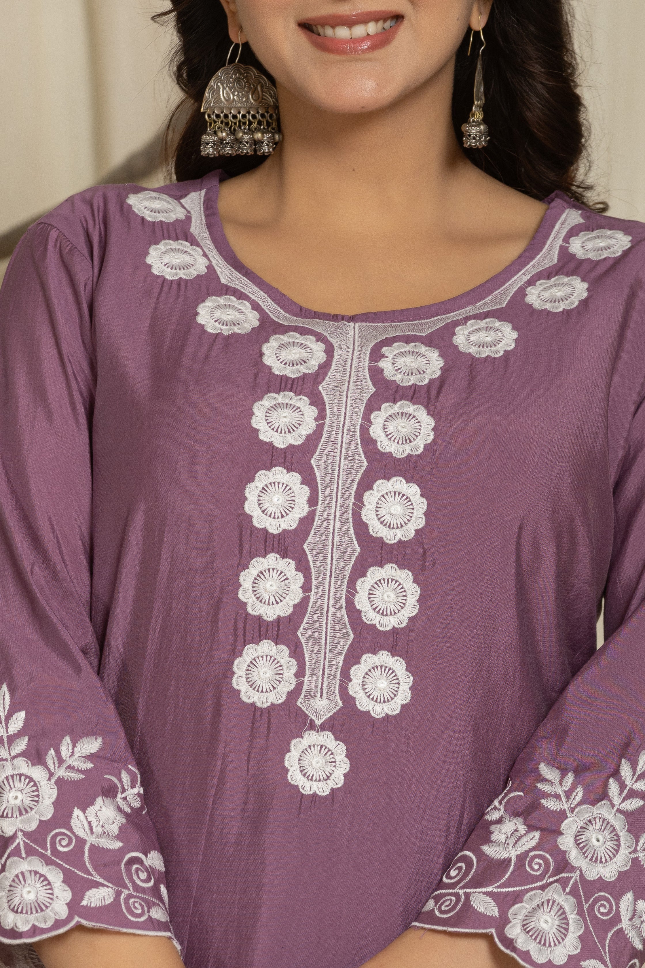 Royal Violet Roman Silk Suit Set With Beautiful Mirror And Thread Embroidery