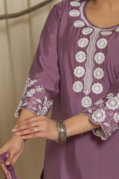 Royal Violet Roman Silk Suit Set With Beautiful Mirror And Thread Embroidery