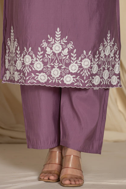 Royal Violet Roman Silk Suit Set With Beautiful Mirror And Thread Embroidery