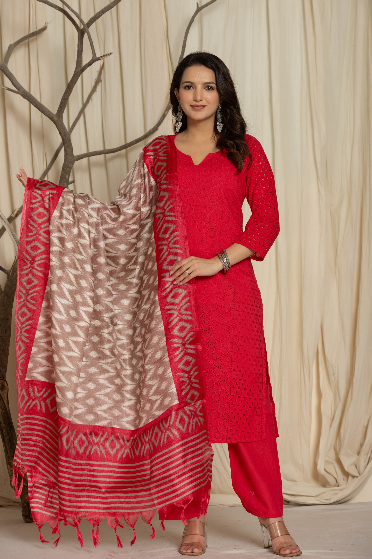 Elegant Pink Chikankari Suit with Matching Pants and Printed Dupatta