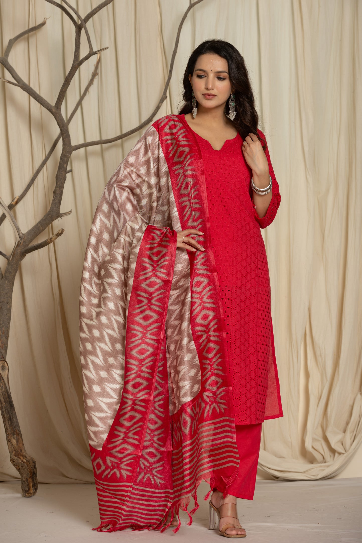 Elegant Pink Chikankari Suit with Matching Pants and Printed Dupatta