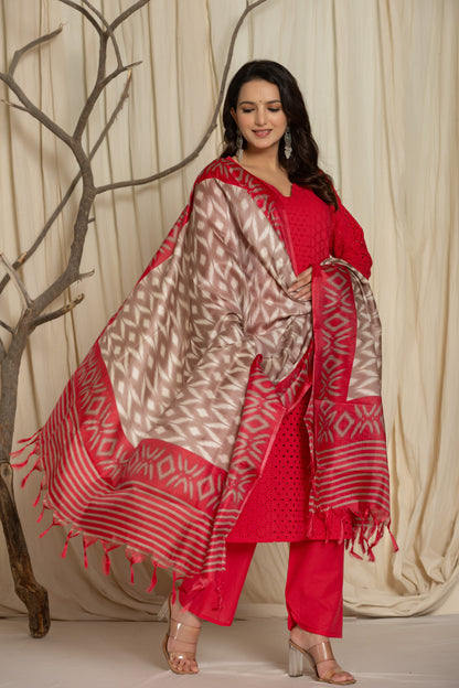 Elegant Pink Chikankari Suit with Matching Pants and Printed Dupatta