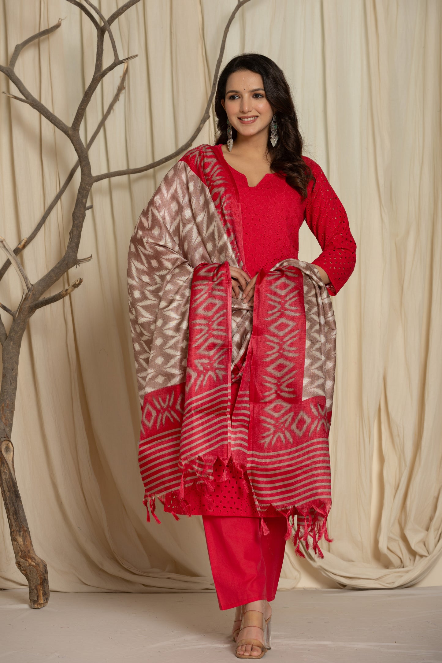 Elegant Pink Chikankari Suit with Matching Pants and Printed Dupatta