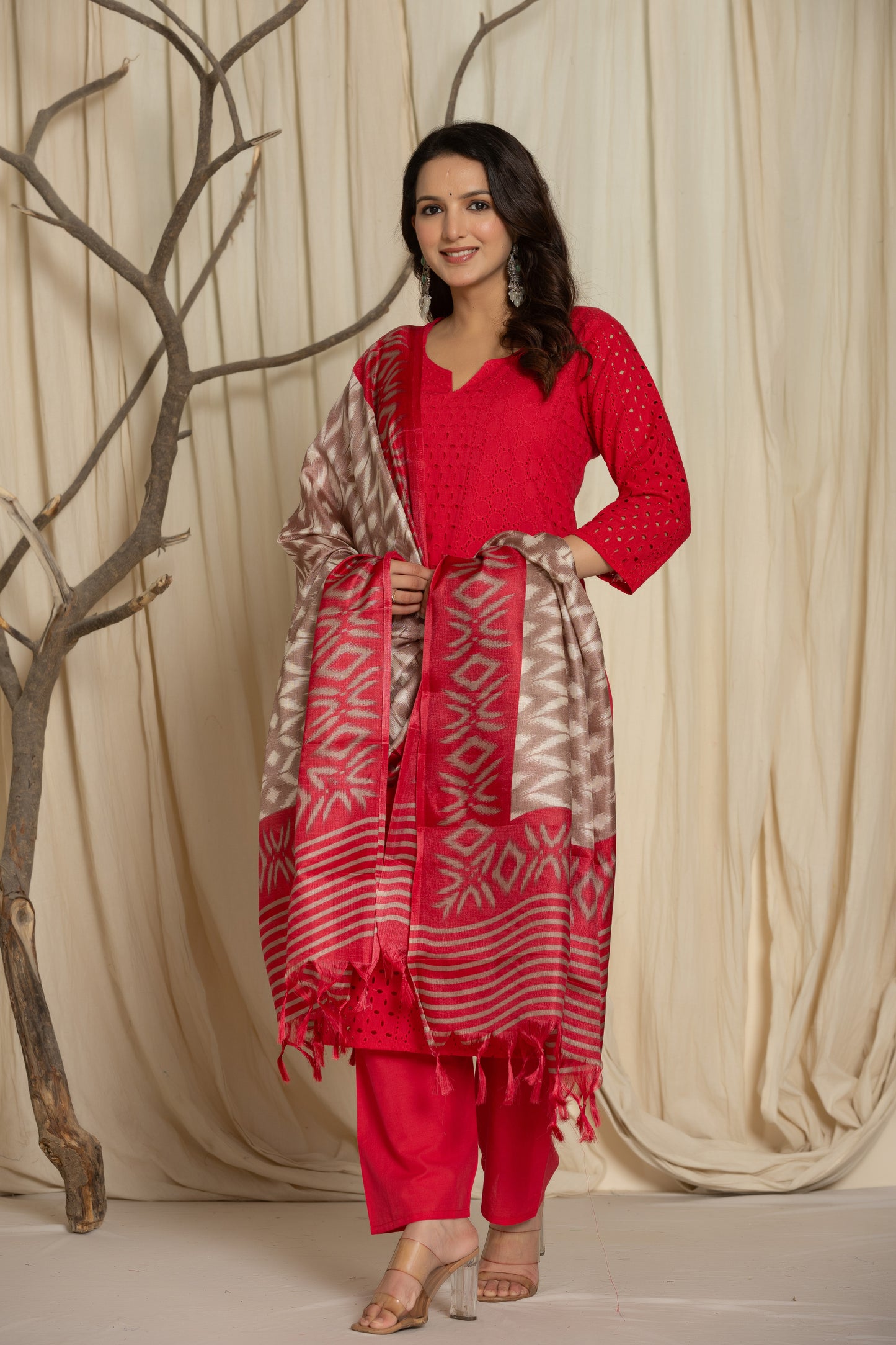 Elegant Pink Chikankari Suit with Matching Pants and Printed Dupatta