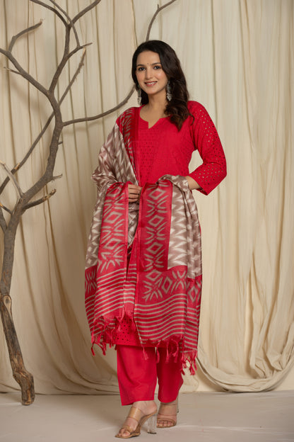 Elegant Pink Chikankari Suit with Matching Pants and Printed Dupatta