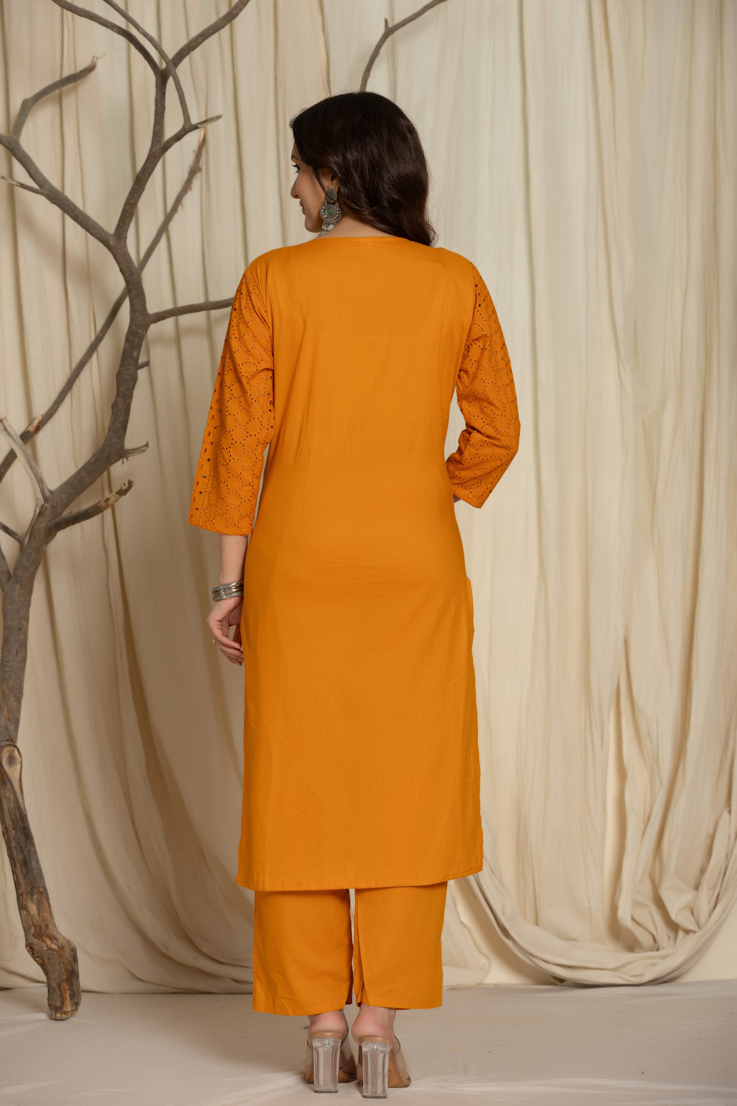 Mustard Color Chikankari Suit with Matching Pants and Printed Dupatta