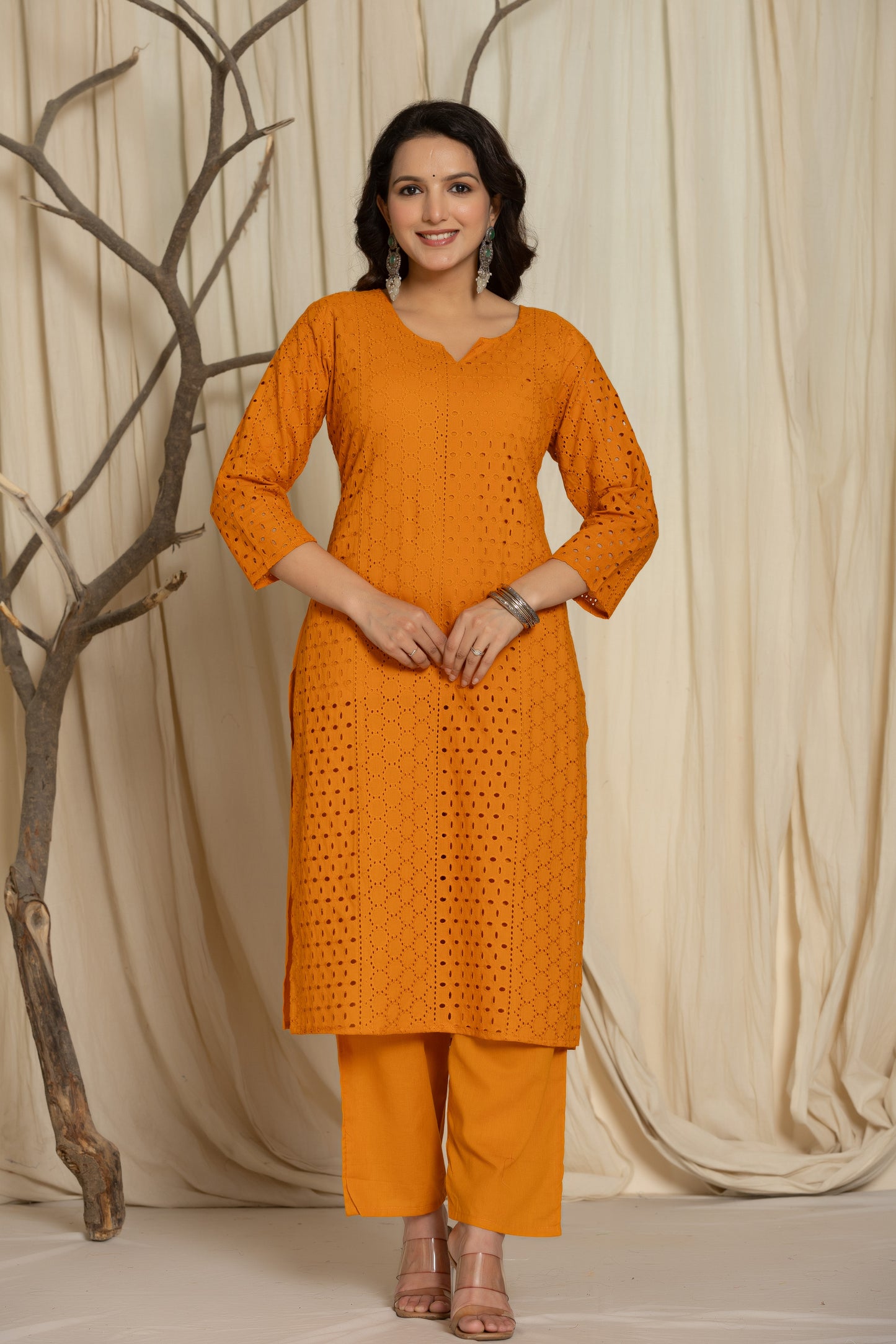 Mustard Color Chikankari Suit with Matching Pants and Printed Dupatta