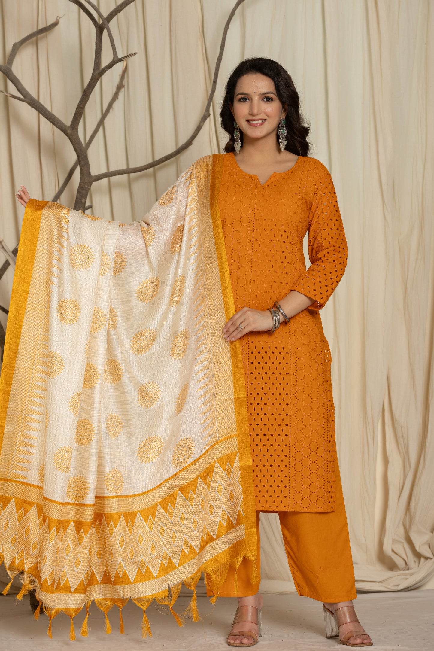 Mustard Color Chikankari Suit with Matching Pants and Printed Dupatta