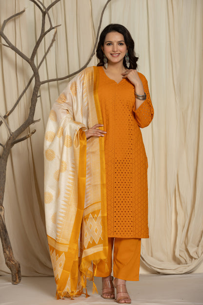 Mustard Color Chikankari Suit with Matching Pants and Printed Dupatta